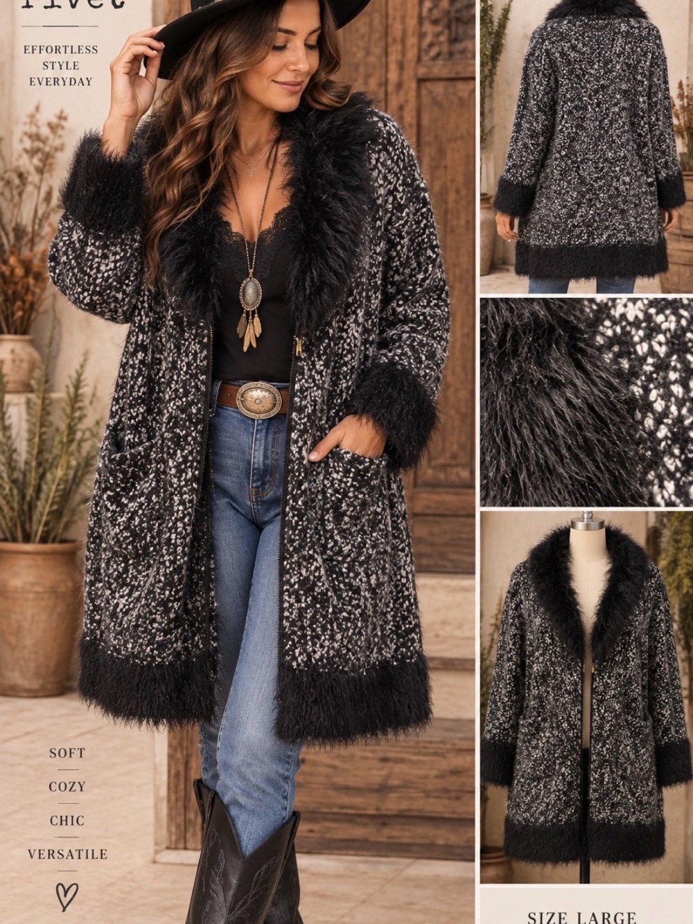 Black Rivet - Black speckled Faux-Fur Trim Knit Cardigan - pockets - L